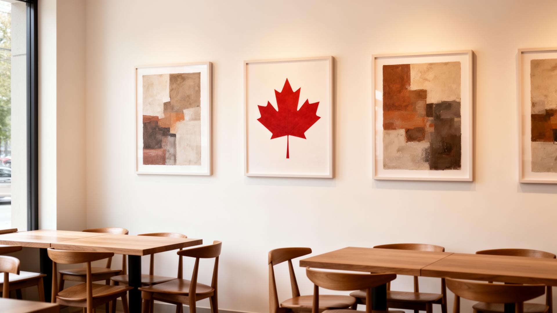 Original artworks displayed on the wall of a modern Canadian cafe